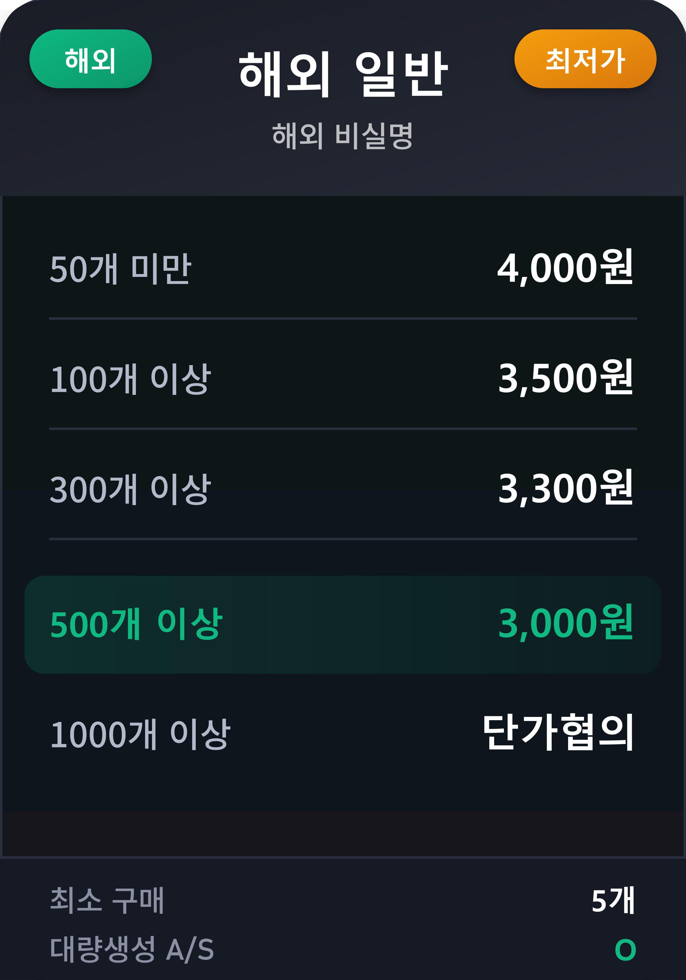 해외 일반 가격표